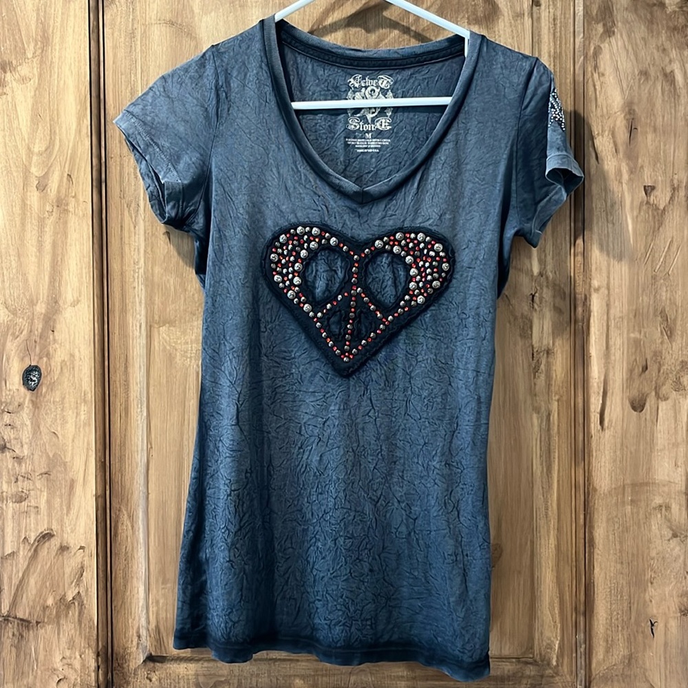 Distressed soft cotton T shirt studded with rhinestones. Brand is Velvet Stone